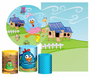 Kit Casado Galinha Pintadinha Painel Redondo Trio Capas Cilindro Retangular Vertical Em Tecido