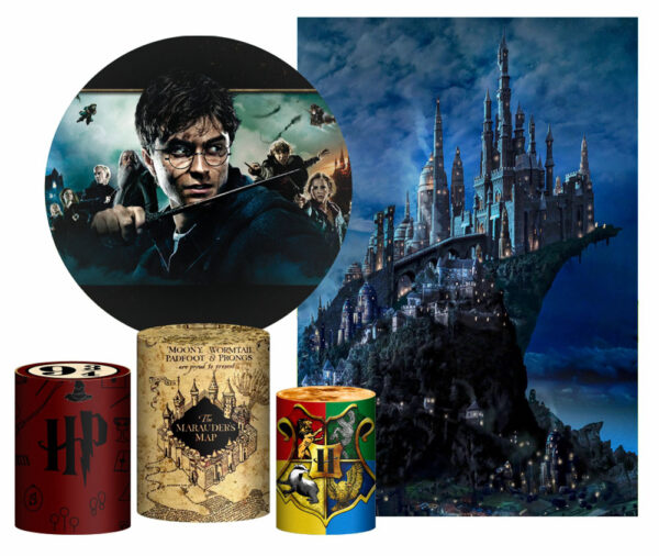 Kit Casado Harry Potter Painel Redondo Trio Capas Cilindro Retangular Vertical Em Tecido
