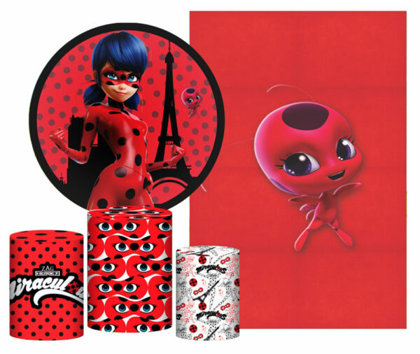 Kit Casado Lady Bug Painel Redondo Trio Capas Cilindro Retangular Vertical Em Tecido