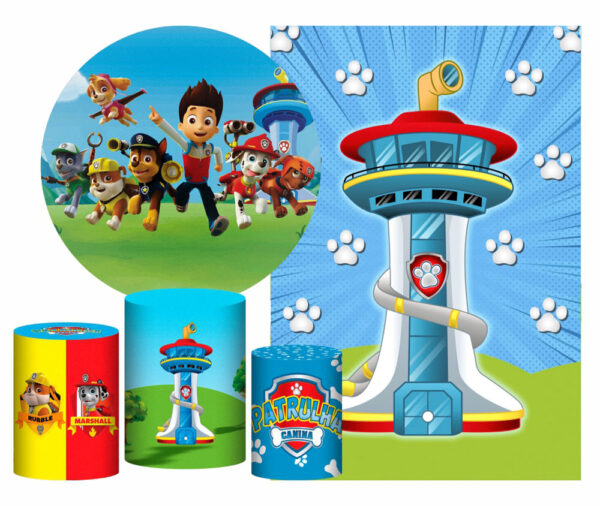 Kit Casado Patrulha Canina Painel Redondo Trio Capas Cilindro Retangular Vertical Em Tecido