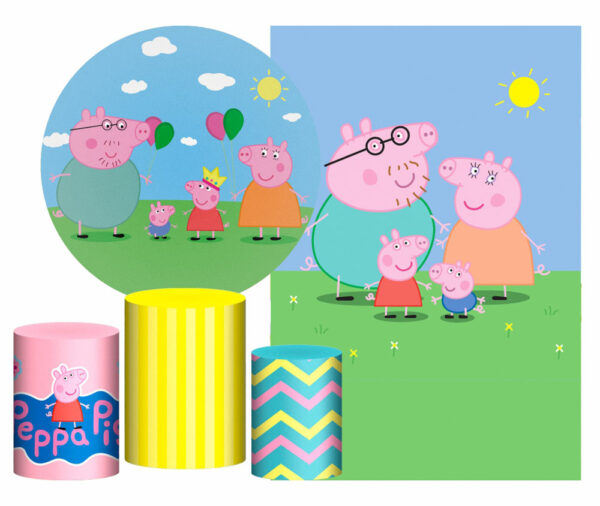 Kit Casado Peppa Pig Painel Redondo Trio Capas Cilindro Retangular Vertical Em Tecido