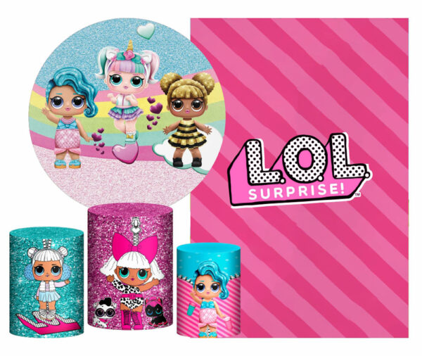 Kit Casado Boneca LOL Painel Redondo Trio Capas Cilindro Retangular Vertical Em Tecido