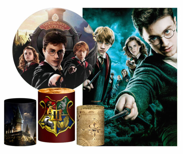 Kit Casado Harry Potter Painel Redondo Trio Capas Cilindro Retangular Vertical Em Tecido