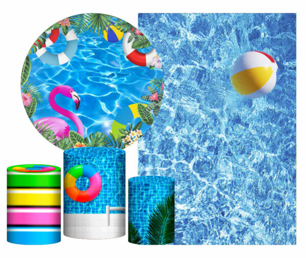 Kit Casado Pool Party Painel Redondo Trio Capas Cilindro Retangular Vertical Em Tecido