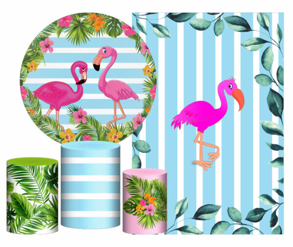Kit Casado Flamingo  Painel Redondo Trio Capas Cilindro Retangular Vertical Em Tecido