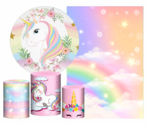 Kit Casado Unicornio  Painel Redondo Trio Capas Cilindro Retangular Vertical Em Tecido