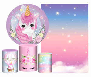 Kit Casado Unicornio  Painel Redondo Trio Capas Cilindro Retangular Vertical Em Tecido