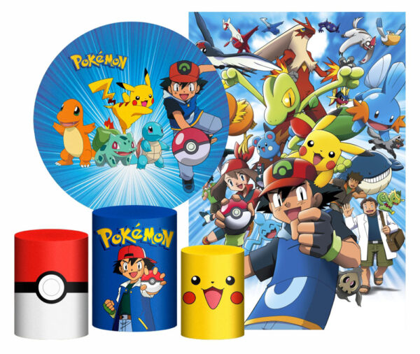 Kit Casado Pokemon Painel Redondo Trio Capas Cilindro Retangular Vertical Em Tecido