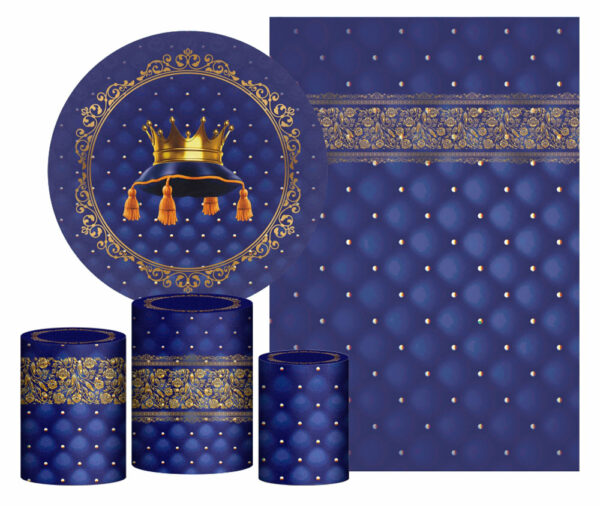 Kit Casado Realeza Azul Painel Redondo Trio Capas Cilindro Retangular Vertical Em Tecido