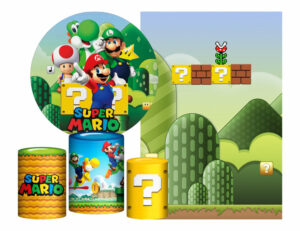 Kit Casado Super Mario Painel Redondo Trio Capas Cilindro Retangular Vertical Em Tecido