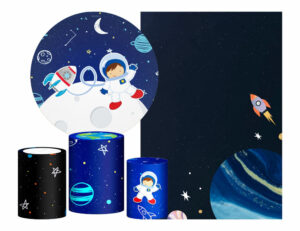 Kit Casado Astronauta  Painel Redondo Trio Capas Cilindro Retangular Vertical Em Tecido
