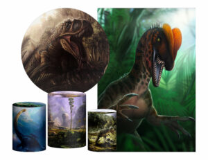 Kit Casado Dinossauro  Painel Redondo Trio Capas Cilindro Retangular Vertical Em Tecido