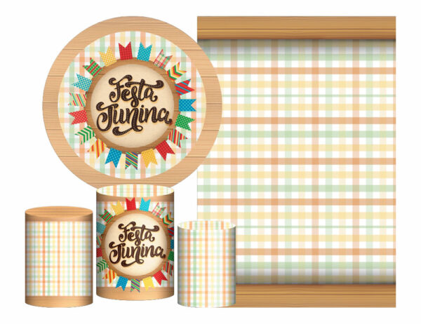 Kit Casado Festa Junina  Painel Redondo Trio Capas Cilindro Retangular Vertical Em Tecido
