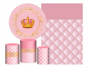 Kit Casado Realeza Rosa  Painel Redondo Trio Capas Cilindro Retangular Vertical Em Tecido