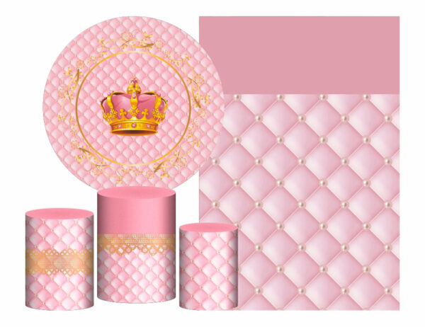Kit Casado Realeza Rosa  Painel Redondo Trio Capas Cilindro Retangular Vertical Em Tecido