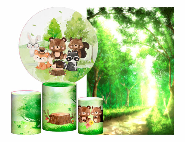 Kit Casado Bosque Encantado Painel Redondo Trio Capas Cilindro Retangular Vertical Em Tecido
