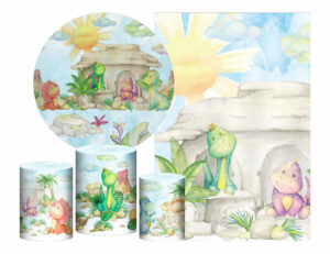 Kit Casado Dinossauro Baby Painel Redondo Trio Capas Cilindro Retangular Vertical Em Tecido