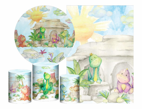Kit Casado Dinossauro Baby Painel Redondo Trio Capas Cilindro Retangular Vertical Em Tecido