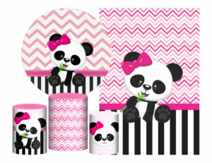 Kit Casado Panda Rosa Painel Redondo Trio Capas Cilindro Retangular Vertical Em Tecido