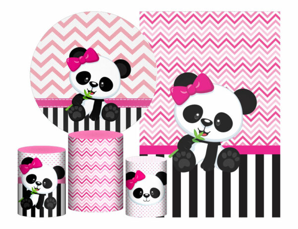 Kit Casado Panda Rosa Painel Redondo Trio Capas Cilindro Retangular Vertical Em Tecido