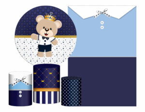 Kit Casado Ursinho Príncipe Painel Redondo Trio Capas Cilindro Retangular Vertical Em Tecido