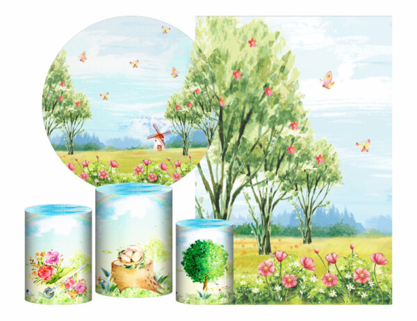 Kit Casado Jardim Encantado Painel Redondo Trio Capas Cilindro Retangular Vertical Em Tecido