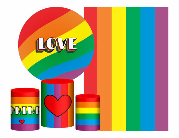 Kit Casado Lgbt Painel Redondo Trio Capas Cilindro Retangular Vertical Em Tecido