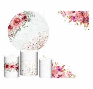 Kit Casado Floral Rosa  Painel Redondo Trio Capas Cilindro Retangular Vertical Em Tecido