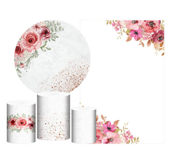 Kit Casado Floral Rosa  Painel Redondo Trio Capas Cilindro Retangular Vertical Em Tecido