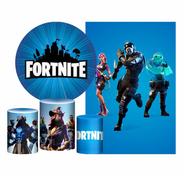 Kit Casado Fortnite  Painel Redondo Trio Capas Cilindro Retangular Vertical Em Tecido