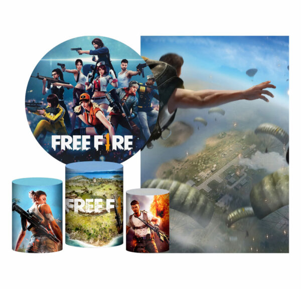 Kit Casado Free Fire  Painel Redondo Trio Capas Cilindro Retangular Vertical Em Tecido