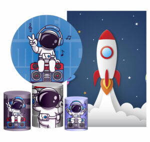Kit Casado Astronauta Painel Redondo Trio Capas Cilindro Retangular Vertical Em Tecido