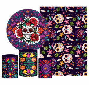 Kit Casado Caveira Mexicana Painel Redondo Trio Capas Cilindro Retangular Vertical Em Tecido