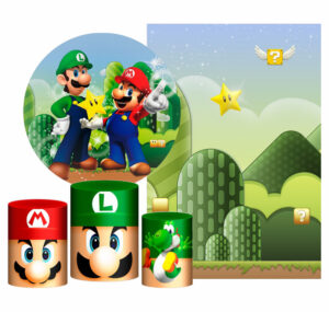 Kit Casado Super Mario Painel Redondo Trio Capas Cilindro Retangular Vertical Em Tecido