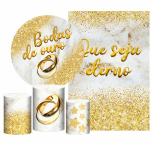 Kit Casado Bodas de Ouro Painel Redondo Trio Capas Cilindro Retangular Vertical Em Tecido