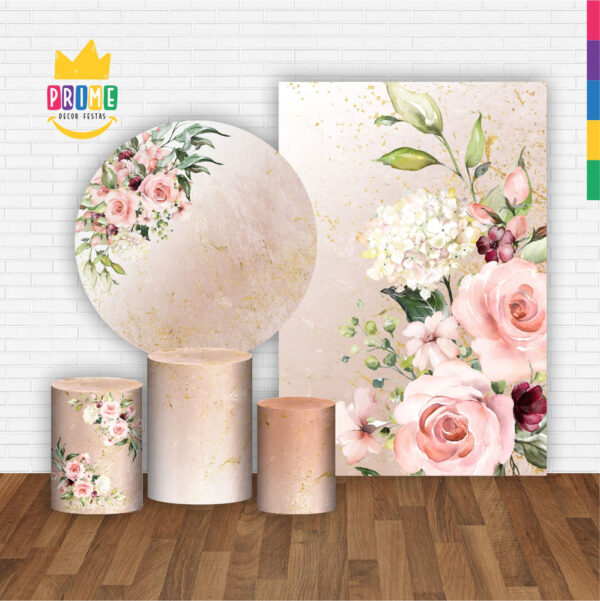 Kit Casado Floral Marmore Painel Redondo Trio Capas Cilindro Retangular Vertical Em Tecido - Image 2