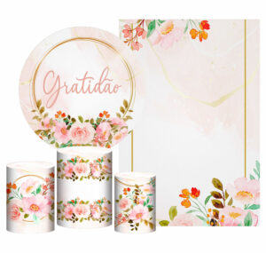 Kit Casado Gratidão Painel Redondo Trio Capas Cilindro Retangular Vertical Em Tecido