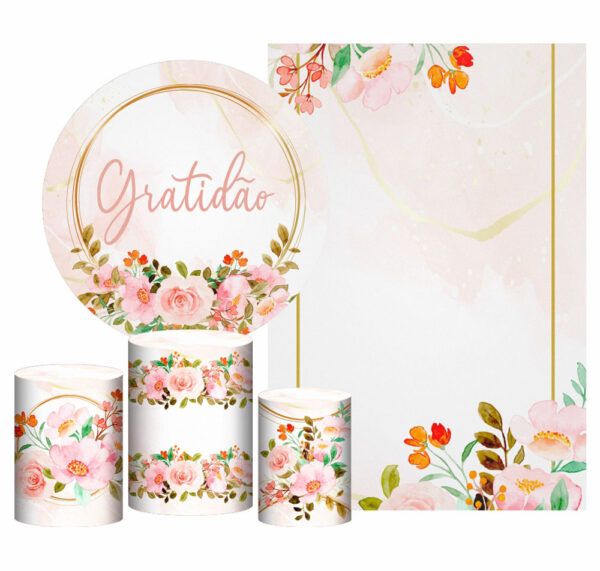 Kit Casado Gratidão Painel Redondo Trio Capas Cilindro Retangular Vertical Em Tecido
