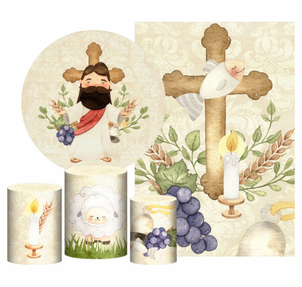 Kit Casado Jesus Aquarela Painel Redondo Trio Capas Cilindro Retangular Vertical Em Tecido