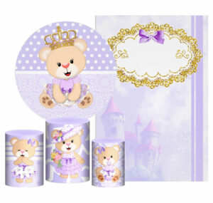 Kit Casado Princesa Ursinha Painel Redondo Trio Capas Cilindro Retangular Vertical Em Tecido