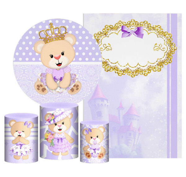 Kit Casado Princesa Ursinha Painel Redondo Trio Capas Cilindro Retangular Vertical Em Tecido