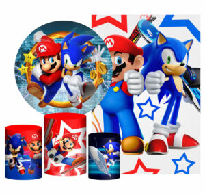 Kit Casado Sonic VS Mario Painel Redondo Trio Capas Cilindro Retangular Vertical Em Tecido