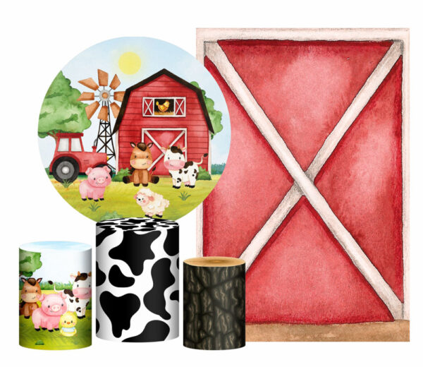 Kit Casado Fazendinha Painel Redondo Trio Capas Cilindro Retangular Vertical Em Tecido