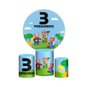 Trio Capa Cilindro + Painel Redondo 3D Três Porquinhos 1,50m Veste Fácil