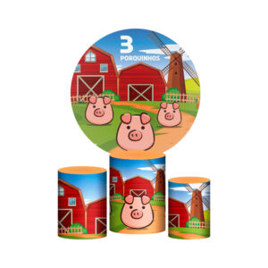 Trio Capa Cilindro + Painel Redondo 3D Três Porquinhos 1,50m Veste Fácil