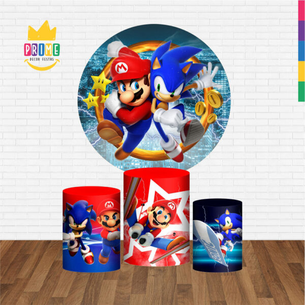 Trio Capa Cilindro + Painel Redondo 3D Sonic VS Mario 1,50m Veste Fácil - Image 2
