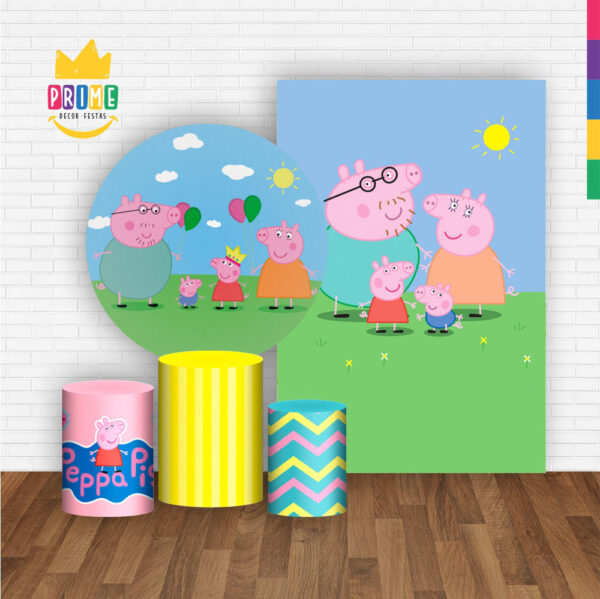Kit Casado Peppa Pig Painel Redondo Trio Capas Cilindro Retangular Vertical Em Tecido - Image 2