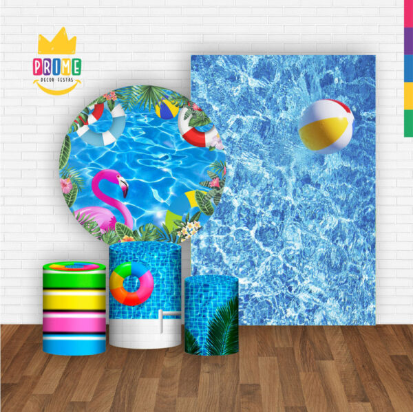 Kit Casado Pool Party Painel Redondo Trio Capas Cilindro Retangular Vertical Em Tecido - Image 2