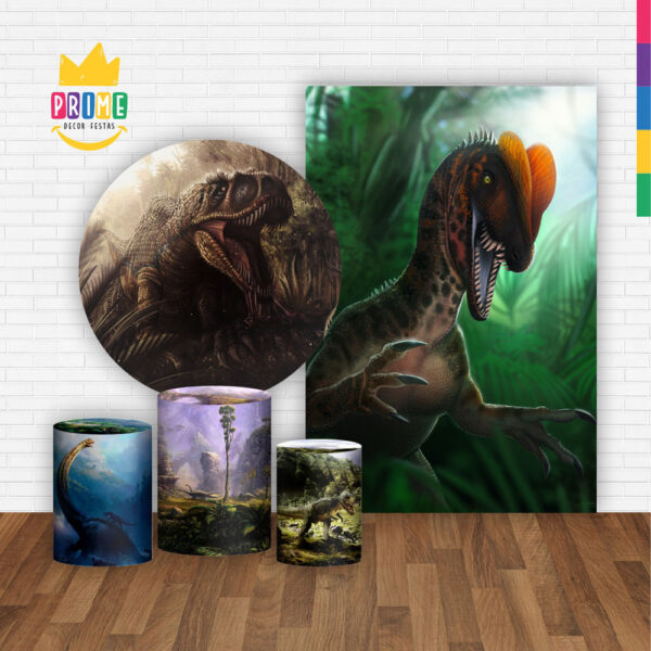 Kit Casado Dinossauro  Painel Redondo Trio Capas Cilindro Retangular Vertical Em Tecido - Image 2