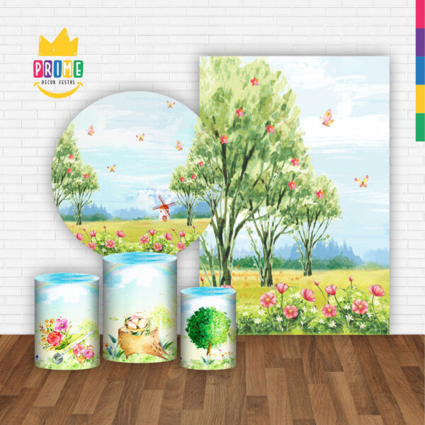 Kit Casado Jardim Encantado Painel Redondo Trio Capas Cilindro Retangular Vertical Em Tecido - Image 2